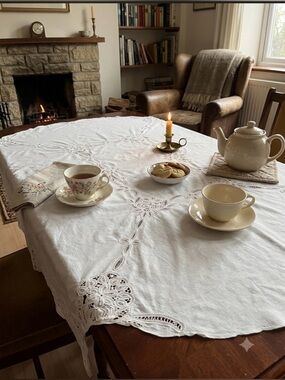 Vintage White Cotton Tablecloth Cutout Lace & Floral Embroidery 81 X 65”